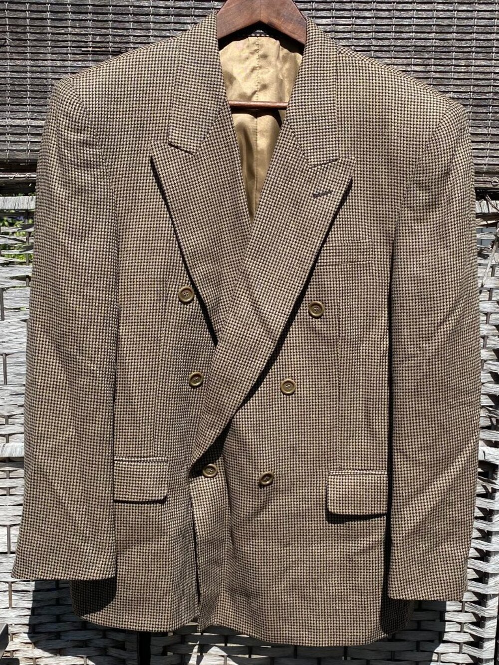 Vintage Pierre Balmain Double Breasted Blazer Houndstooth Brown Black Peak Lapel